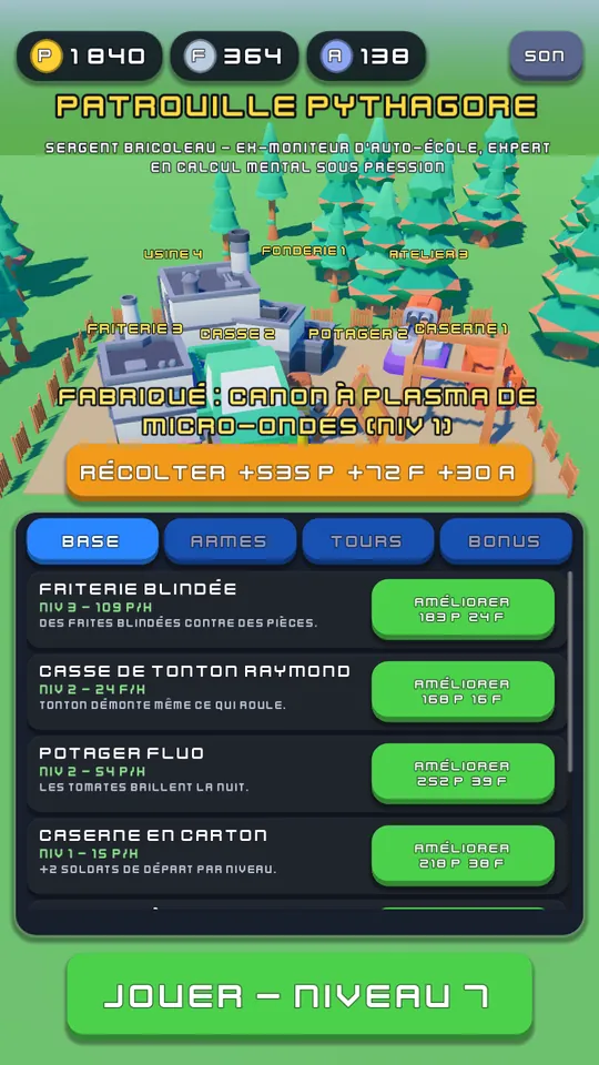 Vue de la base : bâtiments, bouton Récolter et liste des améliorations.