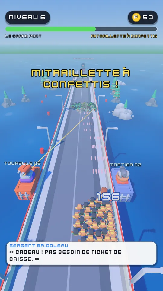 Un baril vient de lâcher la Mitraillette à Confettis ; l'escouade de 156 soldats tire sur la horde.