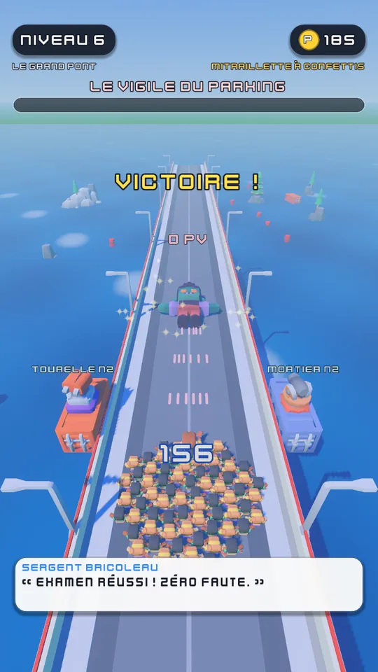 Victoire contre le boss, le Vigile du Parking, avec une escouade de 156 soldats.